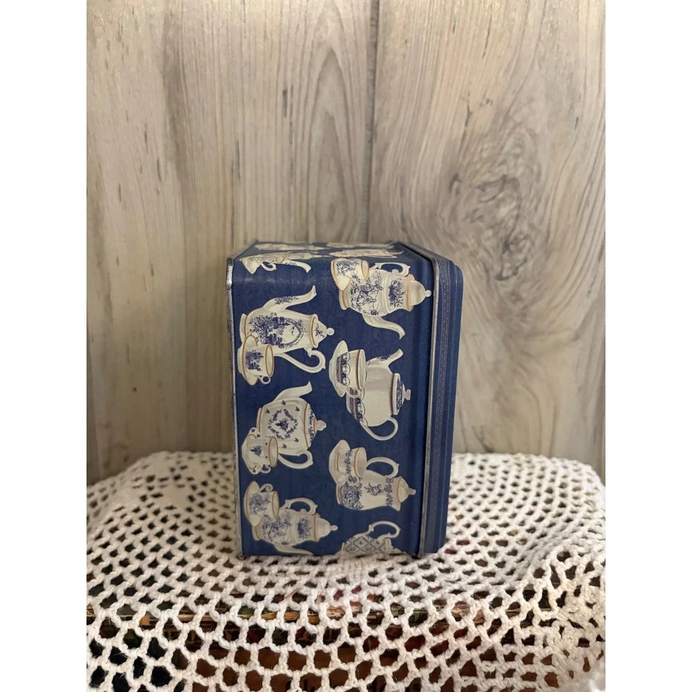 Vintage Tea Party Girl and Teddy Bear Decorative Metal Storage Tin Navy Blue